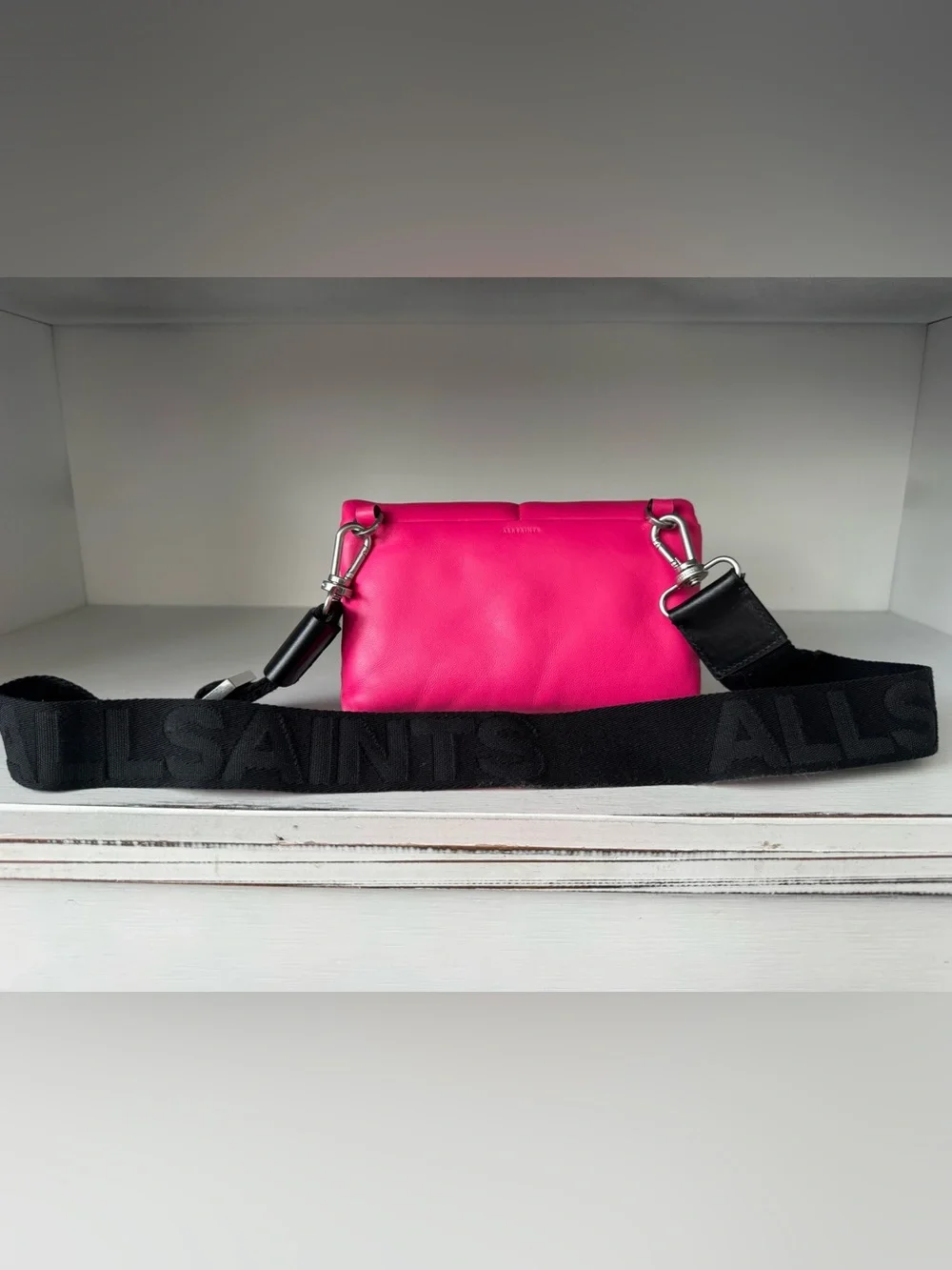 All Saints Ezra Quilted Crossbody Bag Purse Pink Black Logo‎